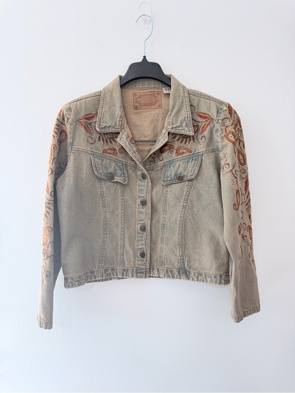 Vintage Gordon James Denim Jacket Womens L Embroidered Western Boho Paisley Y2K